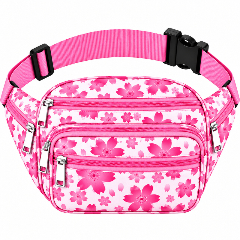 8056 Pink Flower Bumbag W-7 Zips (New) (image for) 8056 Pink Flower Bumbag W-7 Zips (New)